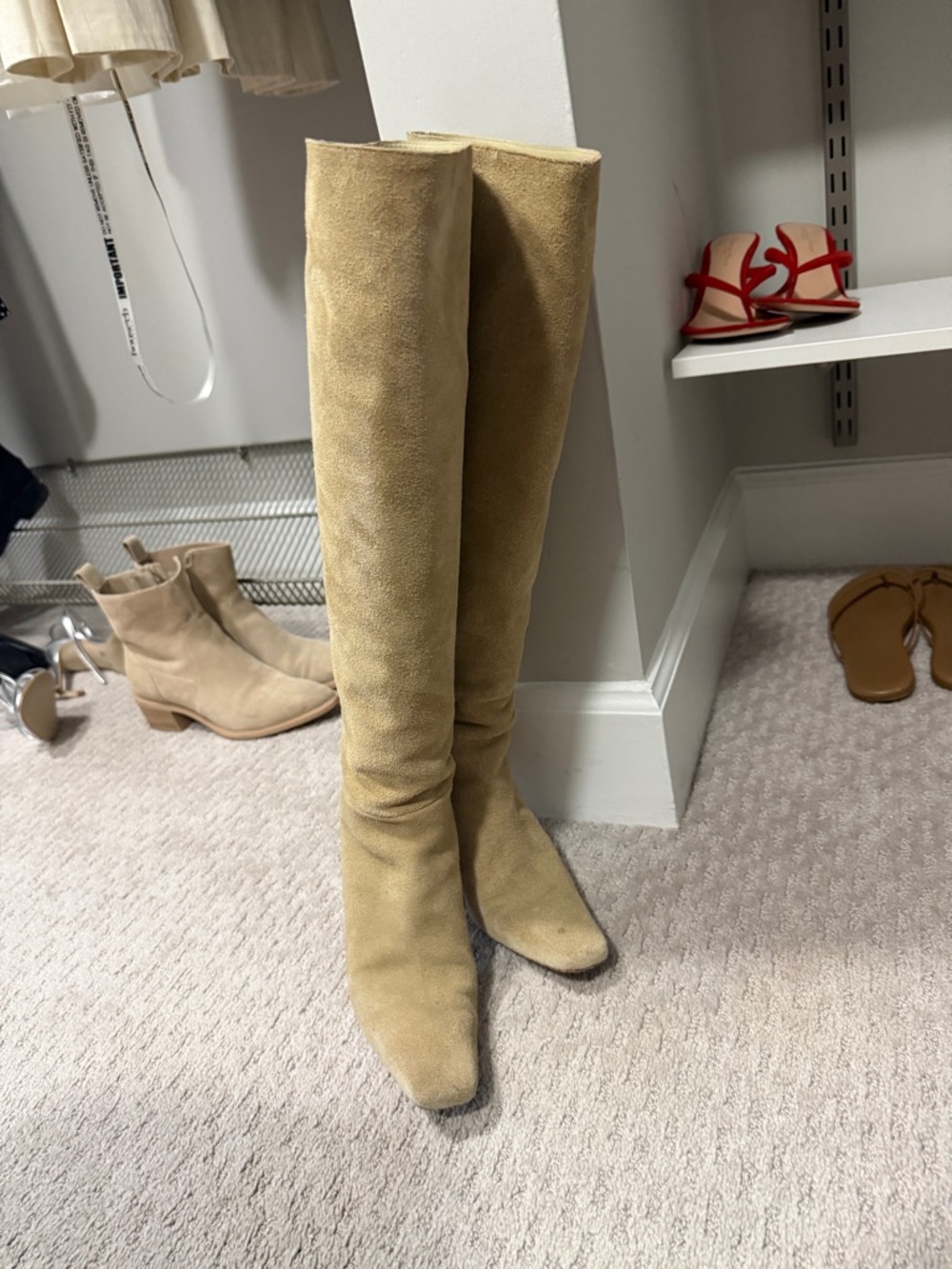 Reformation Reagan Suede Knee-High Heel Boot in Beige